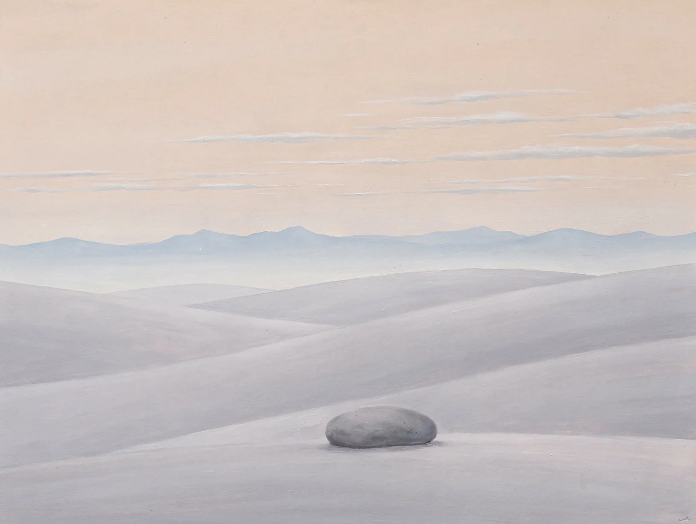 Atmospheric landscape painting of low clouds over open fields