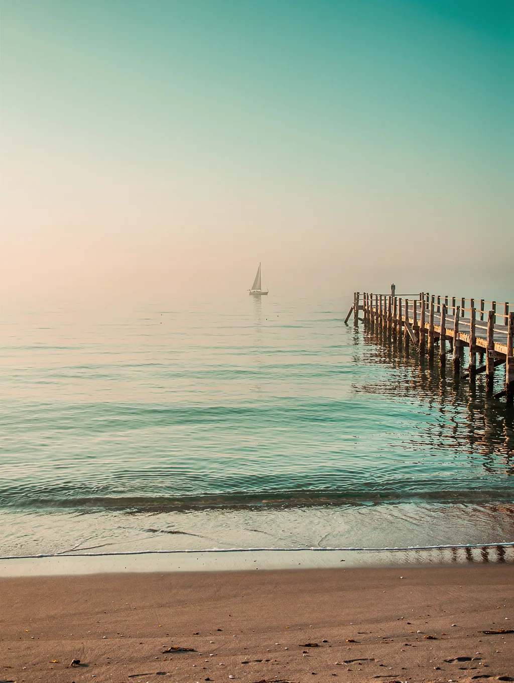 Oil painting of calm coastal waters bathed in pale morning light