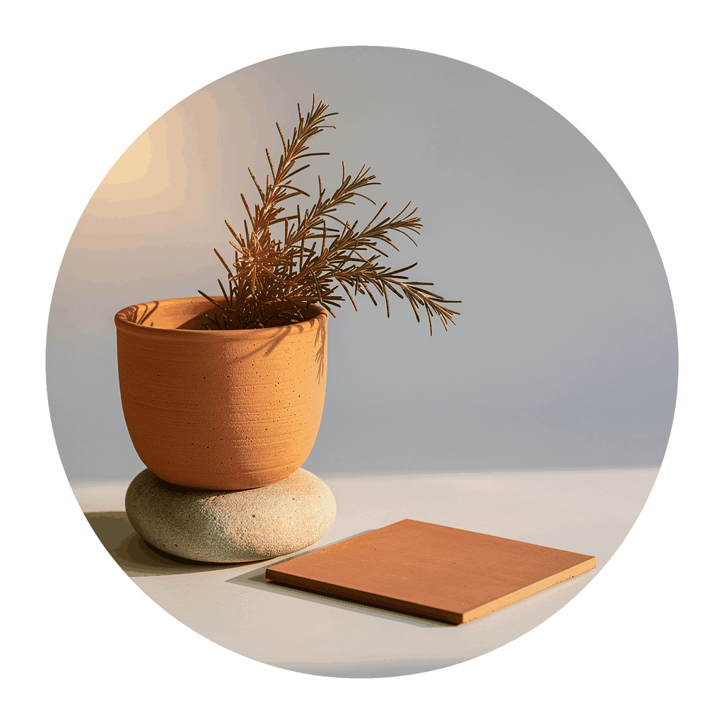 Square still life painting of earthenware and dried botanical stems